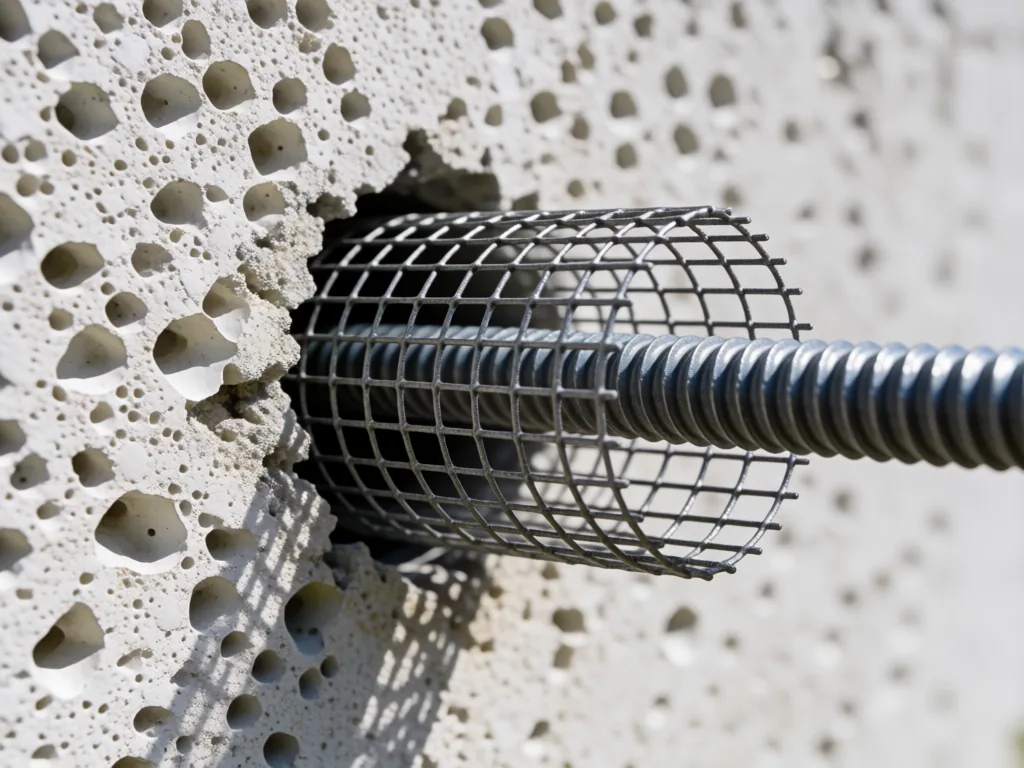 Крупный план структуры газобетона с установленным анкером